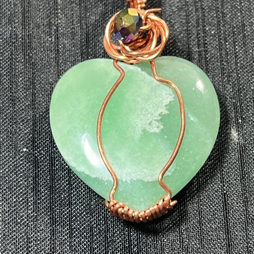 Aventurine Heart 2" Cabochon Copper Wire Wrap Green white 20 inches - Picture 4 of 5